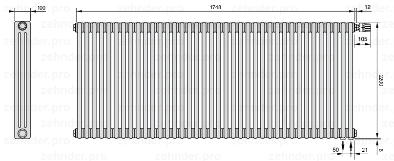 Схема (чертеж) Радиатор Zehnder Charleston 3220/38 №V002 Белый глянцевый RAL 9016